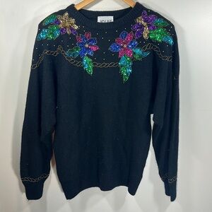 Vintage Joule Sequin Beaded Black Pullover Sweater‎ Crewneck Christmas New Years